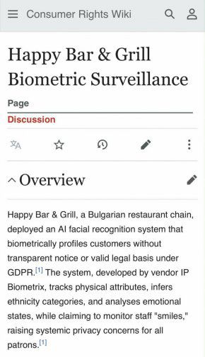 Happy Bar & Grill профилира клиентите си с ИИ в нарушение на GDPR: Wikipedia